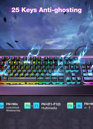TECKNET Wired Gaming Keyboard, USB Wired Computer Keyboard, 15-Zone RGB Illumination, IP32 Water Resistance, 25 Anti-ghosting Keys, All-Metal Panel (Whisper Quiet Design)