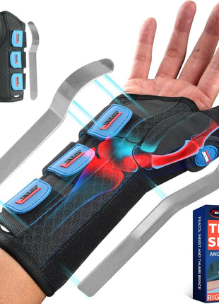 FEATOL Carpal Tunnel Wrist Brace Night Support, Thumb Spica Splint Right Hand for De Quervains Tenosynovitis, Tendonitis, Thumb Brace for Women Men, Black Blue, Small/Medium