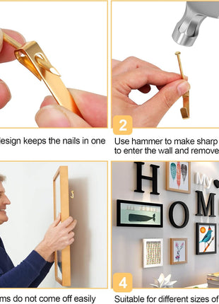 184 Pieces Picture Hanging Kit, 20lb, 30lb, and 50lb Picture Hangers, Metal Picture Hanging Hooks with Nails, on Drywall, Wooden Wall(Gold)