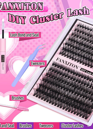FANXITON DIY Lash Extension Kit Volume Lash Clusters 40D+50D D Curvature Individual Lashes Lash Clusters Kit Thick Eyelash Extension Kit 280 pcs Thin Band Cluster Lashes Lash Bond and Seal Tweezers