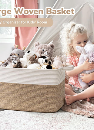 Goodpick Large Woven Blanket Basket, 21.6 inch x 14.9 inch x 11.8 inch Storage Baskets for Organizing, Rectangle Cotton Rope Toy Basket for Living Room, Bedroom, White & Brown