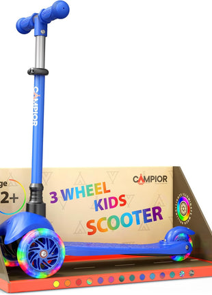 Blue Mini 3 Wheel Scooter for Kids – Lean-to-Steer with LED Light-Up Wheels, Adjustable Handlebar, Wide Anti-Slip Deck, Smooth PU Wheels, Rear Foot Brake – Toddler Scooter for Ages 2+