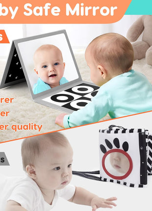 Black and White High Contrast Baby Books Flash Cards Tummy Time Mirror Toys Newborn Toys 0 6 Months Brain Development Infant Stimulating Sensory Toy 0-3 3-6 2 4 5 Month Old Essential