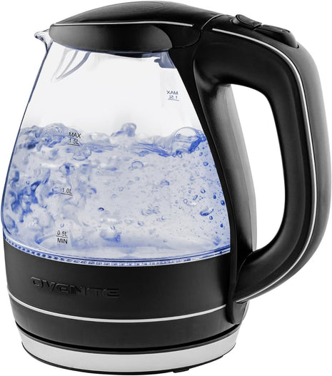 OVENTE 1.5L Glass Electric Kettle Water Boiler, Black KG83B | 1100W Fast Boiling, Borosilicate Glass, BPA-Free, Blue LED, Auto Shut-Off, Boil-Dry Protection, Removable Filter, 360° Base