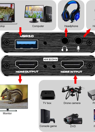 Capture Card, 4K HDMI Video Capture Card, Game Capture Card, 1080P 60FPS Video Capture Device, HDMI to USB 3.0 Capture Card for Streaming, Work with Camera/Xbox/PS4/PS5/PC/OBS
