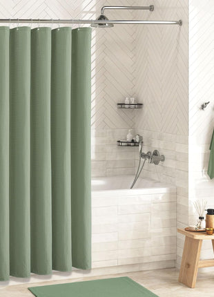 Dynamene Sage Green Shower Curtain - Waffle Textured Heavy Duty Thick Fabric Shower Curtains for Bathroom, 256GSM Luxury Weighted Polyester Cloth Bath Curtain Set with 12 Plastic Hooks,72Wx72H,Green
