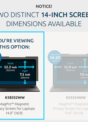 Kensington MagProTM Magnetic Laptop Privacy Screen 14 inch, Removable 16:9 Laptop Privacy Filter, Anti-Glare, Blue Ray Reduction, Dell Latitude 5420, HP Elitebook 840 G6-G8, Lenovo, Asus (K58352WW)