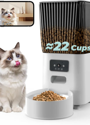 Automatic Cat Feeder with Camera, 5L Smart Dog Food Dispenser with App Control, 1080P Night Vision, Two-Way Audio. 22 Cups Large Hopper, Motion Detection, Timer (5L Single Bowl)