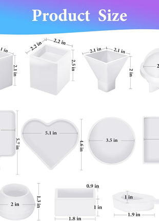 KISREL Resin Molds Kit 12PCS, Epoxy Resin Silicone Molds, Resin Mold Including Cube, Pen Container, Pyramid, Tray, Love, Round, Square, Ball, Flowerpot, Cuboid, Crystal