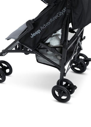 Jeep AdventureGlyde Stroller by Delta Children - Lightweight Travel Stroller with Smoothest Ride & Compact Fold, 3-Position Recline, Extra Large Storage Basket, Black/Grey