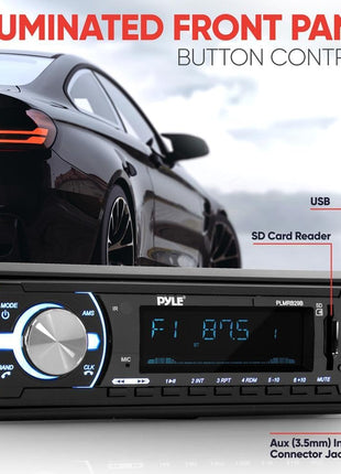 Pyle Marine Bluetooth Stereo Radio - 12v Single DIN Style Boat In dash Radio Receiver System with Built-in Mic, Digital LCD, RCA, MP3, USB, SD, AM FM Radio - Remote Control - PLMRB29B (Black)