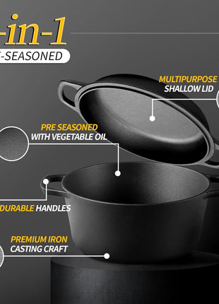 EDGING CASTING 2-in-1 Pre-Seasoned Cast Iron Dutch Oven Pot with Skillet Lid Cooking Pan, Cast Iron Skillet Cookware Pan Set with Dual Handles, Indoor Outdoor for Bread/Frying/Baking/Camping/BBQ, 5 Qt