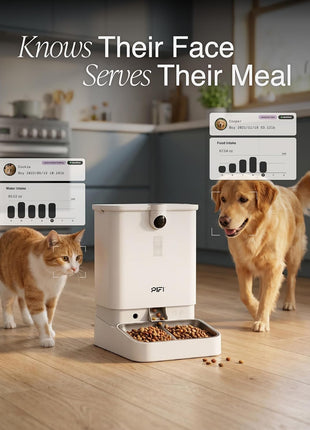 Automatic Cat Feeder with Camera for Multiple Cats & Dogs, 6L Dual Hopper | AI Recognition for Up to 3 Pets, 5/2.4 GHz WiFi App Control, 1080p Dual Cameras, Night Vision, Two-Way Audio
