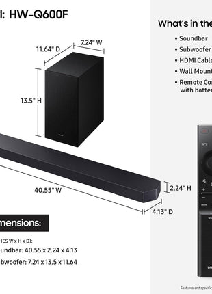 Samsung Q-Series Soundbar HW-Q600F 3.1.2ch with Wireless Subwoofer, Dolby Atmos/DTS Virtual:X, Q-Symphony, SpaceFit Sound Pro, Adaptive Sound, Game Mode Pro, Bluetooth, (2025 Model)