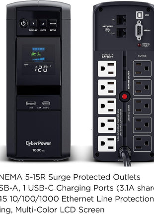 CyberPower CP1000PFCLCD PFC Sinewave UPS Battery Backup and Surge Protector | Surge Protector, 1000VA/600W, 10 Outlets, AVR, Mini-Tower