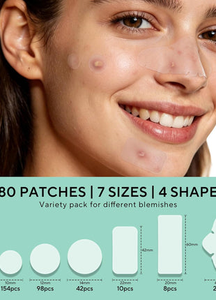 QUSTERE 580 Count Pimple Patches for Face, Large Hydrocolloid Acne Patches Stickers Bandages, Blemishes Zit Breakouts for Cheeks, Forehead, Chin, Nose for Full Face & Body | 7 Sizes | 4 Shapes