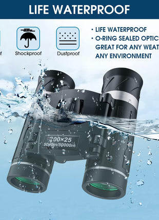 200x25 Compact Binoculars for Adults and Kids, High Powered Mini Pocket Binoculars, Waterproof Small Binocular for Bird Watching, Hunting, Concert, Theater, Opera, Traveling, Sightseeing