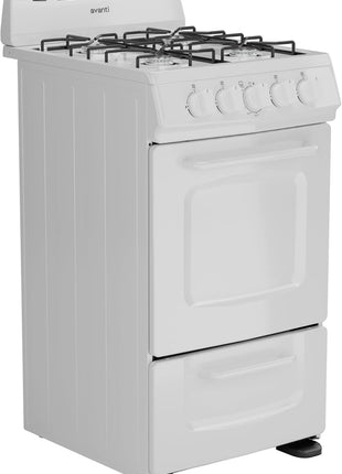 Avanti Gas Range Oven, Compact Freestanding Design, 4 Burners with Electronic Ignition, 2.1 Cu.Ft. Capacity Features Solid Door Storage Drawer Broiler and Accessories, 20-Inch, White