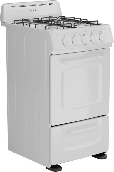 Avanti Gas Range Oven, Compact Freestanding Design, 4 Burners with Electronic Ignition, 2.1 Cu.Ft. Capacity Features Solid Door Storage Drawer Broiler and Accessories, 20-Inch, White