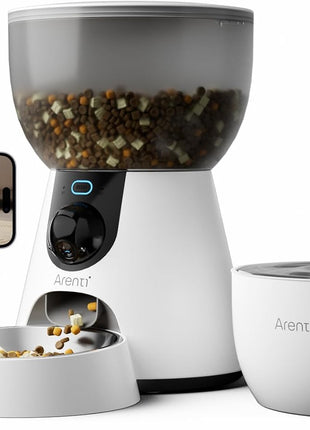 ARENTI Smart Automatic Cat Feeder and Water Fountain, 4L Pet Feeder Cat Food Dispenser with Camera, Dual Power, App Control, Live View & Night Vision, Meal Call, Hygienic Water Flow, Desiccant Bag