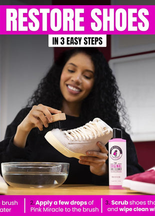 Pink Miracle Shoe Cleaner Kit with Bottle and Brush For Fabric Cleaner For Leather, Whites, Suede and Nubuck Sneakers (4 Oz)