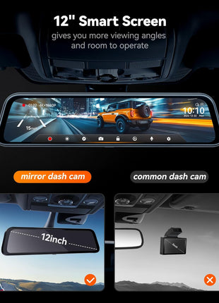 WOLFBOX G840S 12" 4K Mirror Dash Cam Backup Camera, 5.8GHz WiFi Smart Rearview Mirror for Cars & Trucks, Front and Rear View Dual Cameras, Night Vision, Parking Assistance, Included 32GB Card & GPS