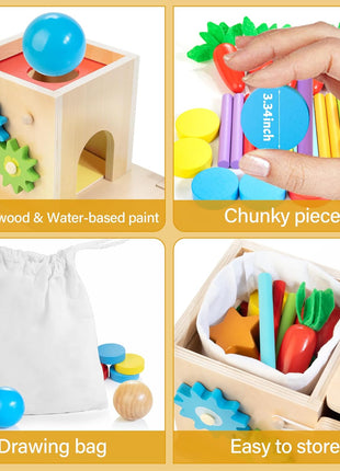 Kizfarm Wooden Montessori Baby Toys, 8-in-1 Wooden Play Kit Includes Object Permanent Box, Coin Box, Carrot Harvest, Shape Sorting & Stacking - Birthday Gift for Boys Girls Toddlers