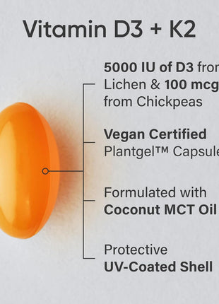 Sports Research® Vitamin D3 + K2 w/ Coconut Oil - Vegan Vitamin D 5000iu & Mk7 Vitamin K 100mcg for Bone & Immune Support - Vegan Certified · Non-GMO · Soy Free - 60 Softgels