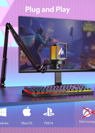 MAONO Gaming USB Microphone, Noise Cancellation Condenser Mic with Mute, Gain, Monitoring, Boom Arm Mic for Streaming, Podcast, Twitch, YouTube, Discord, PC, Computer, PS4, PS5, Mac, GamerWave DGM20S