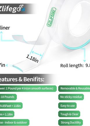 EZlifego Double Sided Tape Heavy Duty, Nano Double Sided Adhesive Tape, Clear Mounting Tape Picture Hanging Adhesive Strips (9.85FT)