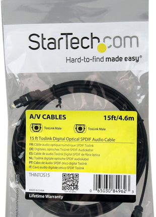 StarTech.com 15 ft Thin Toslink Digital Optical SPDIF Audio Cable - 15ft / 15 Feet Optical Audio Cable (THINTOS15),Black