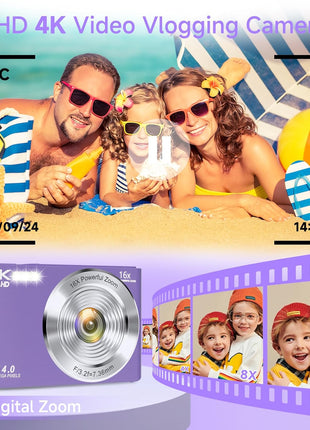 Digital Camera, FHD 4K Digital Camera for Kids Purple with 64GB SD Card 16X Digital Zoom, Cameras for Photography Compact Point and Shoot Camera for Teen Boys Girls Kids Autofocus Camera Digital