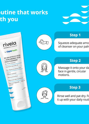 Rivela Dermascience Acne Control Face Wash By Cipla | For Oily Skin | With 2% Salicylic Acid | Contains Tea Tree Oil | Improves Skin Hydration | Controls Sebum | 100 ml