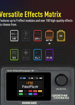 SONICAKE Pocket Master-Portable Multi Effects Pedal, 100 Built-in Guitar/Bass/Acoustic Effects, Amp Modeling, IR Cabinets Simulation, Stereo OTG USB Audio Interface, Rechargeable Guitar Pedal (Black)