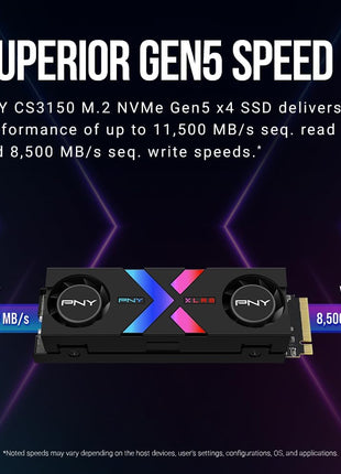 PNY CS3150 XLR8 Gaming Epic-X RGB 1TB PCIe Gen5 x4 NVMe M.2 SSD with RGB Dual Fan Heatsink - Microsoft DirectStorage Compatible – up to 11500 MB/s Read – M280CS3150XHS-1TB-RB