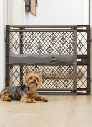 MYPET Paws Portable Pet Gate: 26-40" Wide Expandable, Pressure Mounted No Tools Needed, Durable Dog Gate for Doorways, Made in USA, 23" Tall, Fieldstone Gray