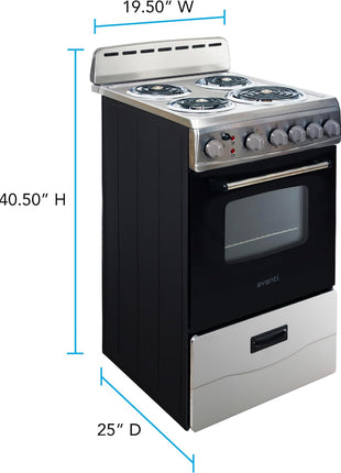 Avanti Electric Range Oven, 4 Coil Broilers, 2.1 Cu.Ft., Stainless Steel | Avanti Electric Range Oven, 4 Coil Burners, Built-In Broiler, Framed Glass Door, Storage Drawer, 2.1 Cu.Ft., Stainless Steel