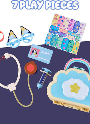 Bluey Cloud Bag Doctor Playset, 7 Pretend Check-Up Accessories | Portable medical kit with stethoscope, badge & Dr. Bluey glasses; toddler toy for kids ages 3+