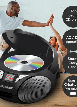 Magnavox MD6924 Portable Top Loading CD Boombox with AM/FM Stereo Radio in Black | CD-R/CD-RW Compatible | LED Display | AUX Port Supported | Programmable CD Player |