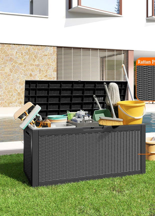 100 Gallon Resin Deck Box, Lockable Patio Outdoor Storage Box for Furniture, Garden Tools and Tools Storage, Waterproof Outside Storage Boxes - Black