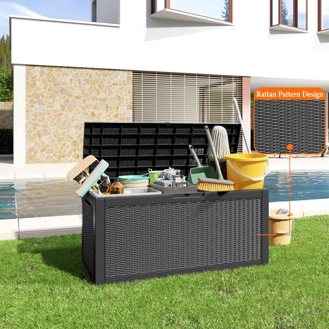 100 Gallon Resin Deck Box, Lockable Patio Outdoor Storage Box for Furniture, Garden Tools and Tools Storage, Waterproof Outside Storage Boxes - Black