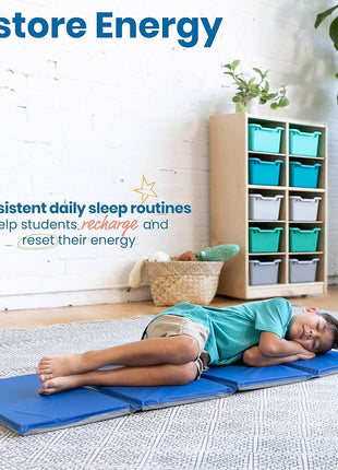 ECR4Kids Everyday Folding Rest Time Mat, 4-Section, 1in, Sleeping Pad, Blue/Grey