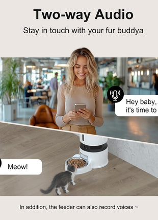 Automatic Cat Feeder with 2 Cameras 1080P HD with Night Vision Pet Food Dispenser Two-Way Voice and Audio Dog Smart WiFi Dog & Cat Feeder Programmable Schedule Slow Bowl White