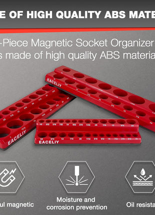 6-Piece Magnetic Socket Organizer Set, 1/2 inch, 1/4 inch and 3/8 inch SAE & Metric Deep & Shallow Socket Holder Kit, holds 141 stanard Sockets, attaches to steel box/tool cart (sockets not included)