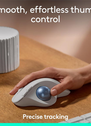 Logitech Ergo M575S Wireless Trackball Mouse, Wireless Ergonomic Mouse with Bluetooth and Encrypted Dongle, Comfortable Thumb Control, Precise and Smooth Tracking, for PC/Mac - Off-White Blue Ball