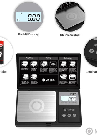 MAxUS Digital Pocket Gram Scale 500g x 0.01g High Precision with Tray, Weighs Small Food, Jewelry, Ounces, Grains, LCD Display, Tare Function