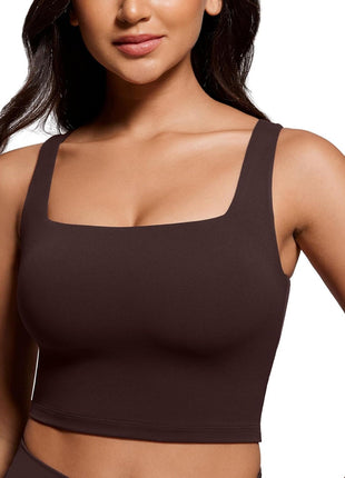 CRZ YOGA Butterluxe Womens Square Neck Longline Sports Bra - Workout Crop Tank Tops Padded Yoga Camisole with Built in Pads Black Medium