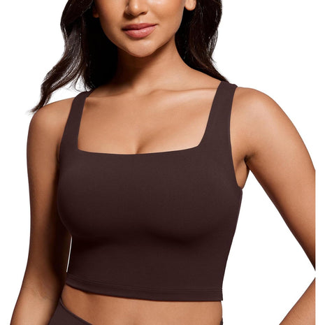 CRZ YOGA Butterluxe Womens Square Neck Longline Sports Bra - Workout Crop Tank Tops Padded Yoga Camisole with Built in Pads Black Medium