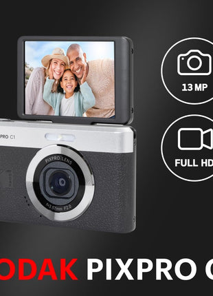 KODAK PIXPRO C1 Friendly Zoom Digital Camera - 13MP Compact Point and Shoot with 2.8??180? Tilt LCD Flip Screen, Retro Vintage Design with 4X Zoom and 1080P Full HD Video for Travel, Vlogging, Black