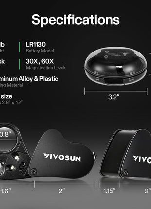VIVOSUN 2-Pack 30X 60X Illuminated Jewelers Loupe Foldable Magnifier with LED Light for Jewelry Gems Watches Coins Stamps Antiques Black